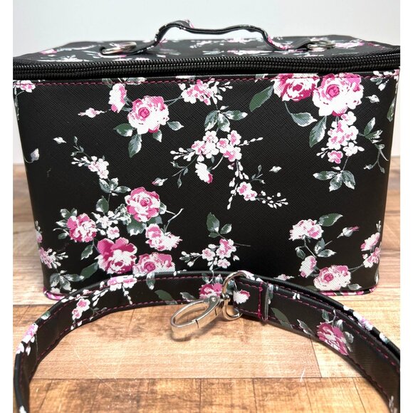 Floral Makeup Travel Case With Mirror & Adjustable Strap - Black & Pink Design - - Picture 2 of 7